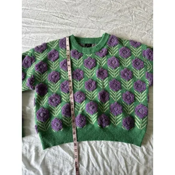 Green Purple Floral Knit Pullover Cottagecore Women's Sweater S/M - Picture 6 of 10